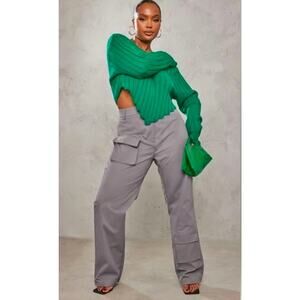 PrettyLittleThing Green Chunky Knit Long Sleeve Dip Hem Crop Top NWT UK Size XL